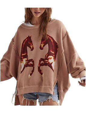 New Free People Mirrored Horses Graphic Camden Pullover Small